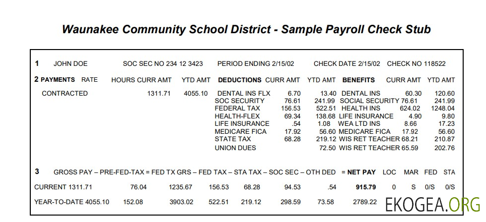 Modèle Word et PDF de talon de chèque de paie du district scolaire communautaire de Waunakee